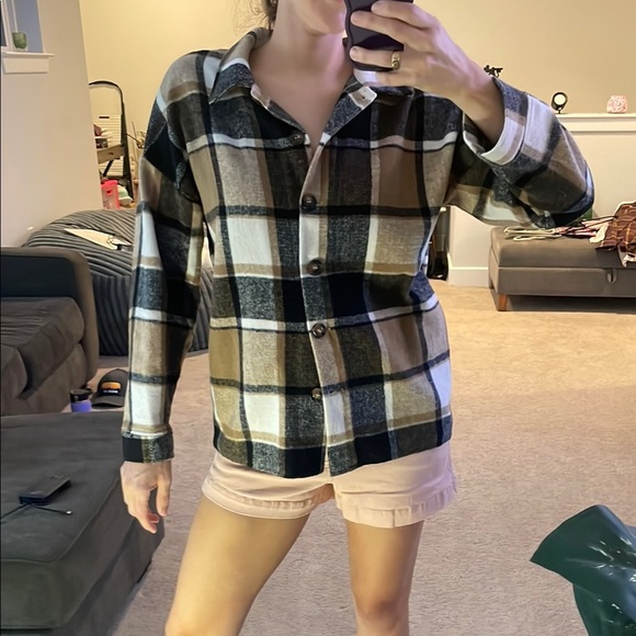 Brown and Cream Oversized 3/4 Sleeve Button Down Shirt - Picture 2 of 5